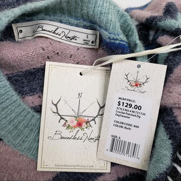 Boundless North Crochet Patch Zig Zag Pullover Sweater Size Small NEW - Picture 11 of 13